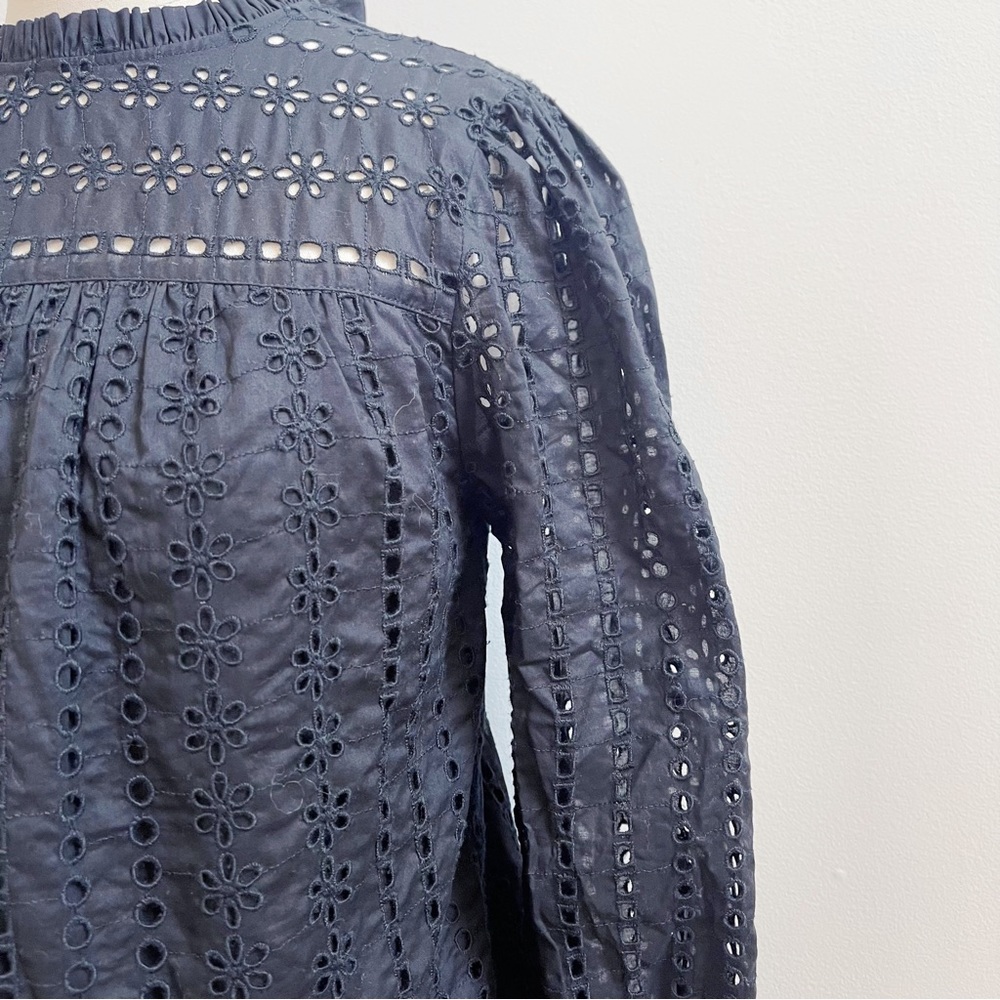 JCrew Black Eyelet Ribbon Tie Long Sleeve Cotton Blouse XS - Picture 7 of 12